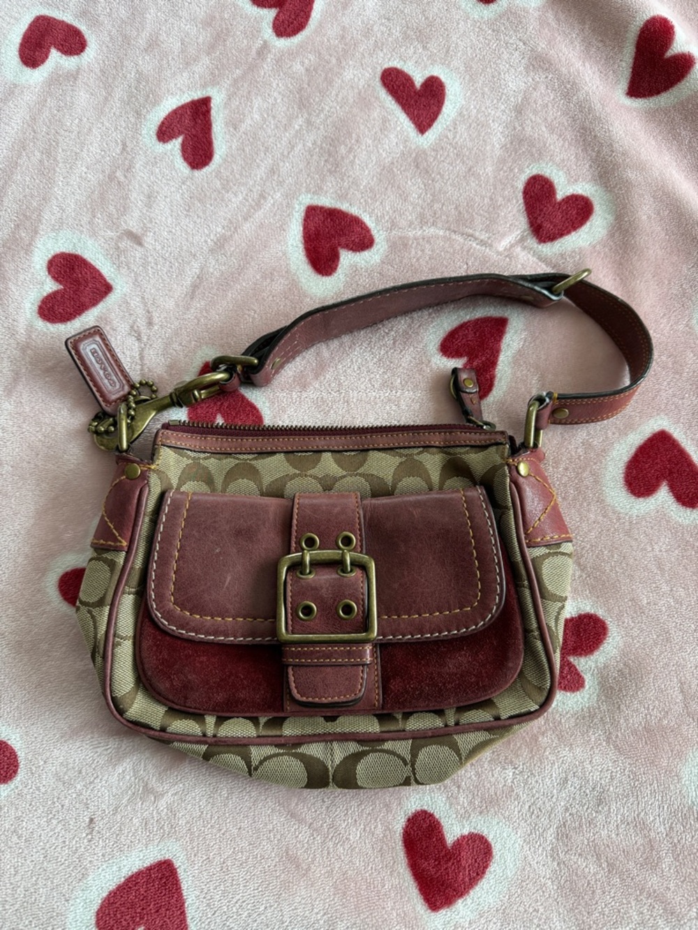 Coach Signature Canvas Crossbody with Red Suede Accents